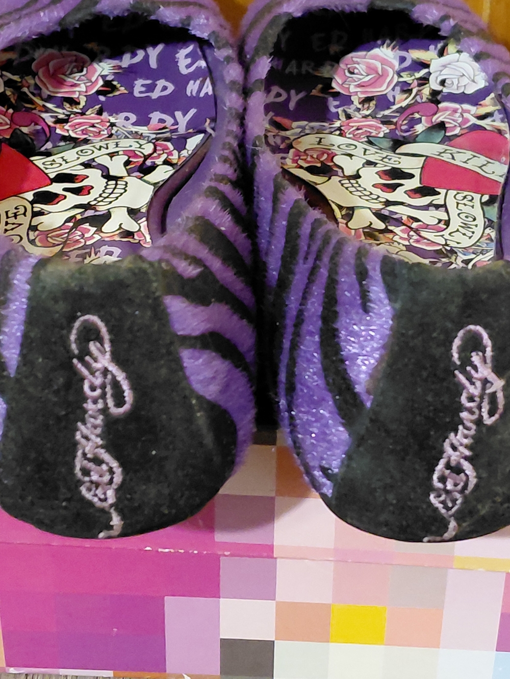 Ed Hardy Downtown Flat Ballet Purple & Black Zebra Y2K Print # 10FDT102W Sz 10 - Picture 4 of 10